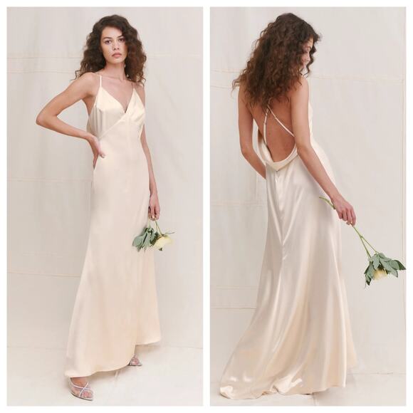 REFORMATION Sky Ivory Cream Silk Satin Slip Cowl Back Wedding Dress Size 6 NWT - Picture 1 of 8